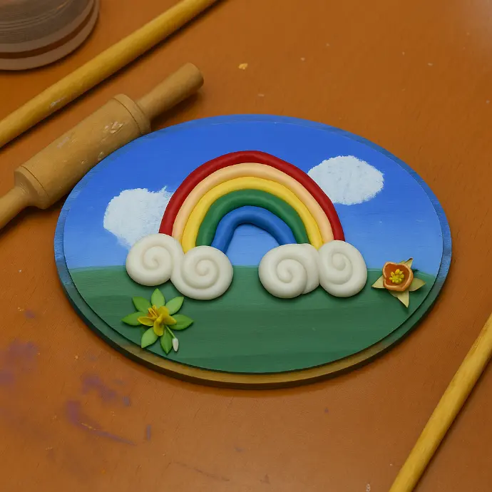 Modellieren mit Kaltporzellan: Modelliertes Regenbogenbild aus Kaltporzellan