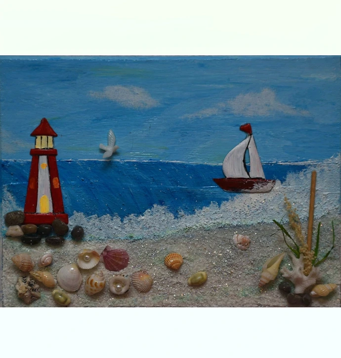 3D-Bild mit Acrylfarbe: 3D-Bild mit Acrylfarbe, Sand, Muscheln und Steinen