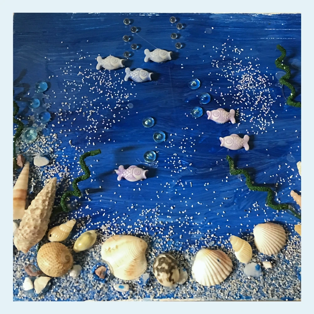 3D-Bild mit Acrylfarbe, Sand, Muscheln und Steinen