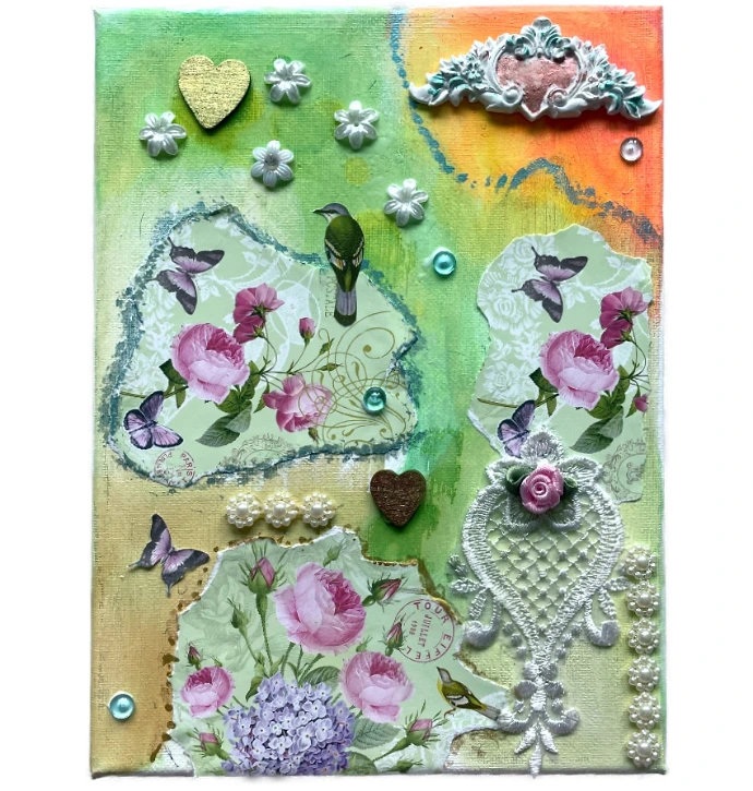 Collage-Bilder: Kreative Collage auf Leinwand mit verschiedenen Materialien