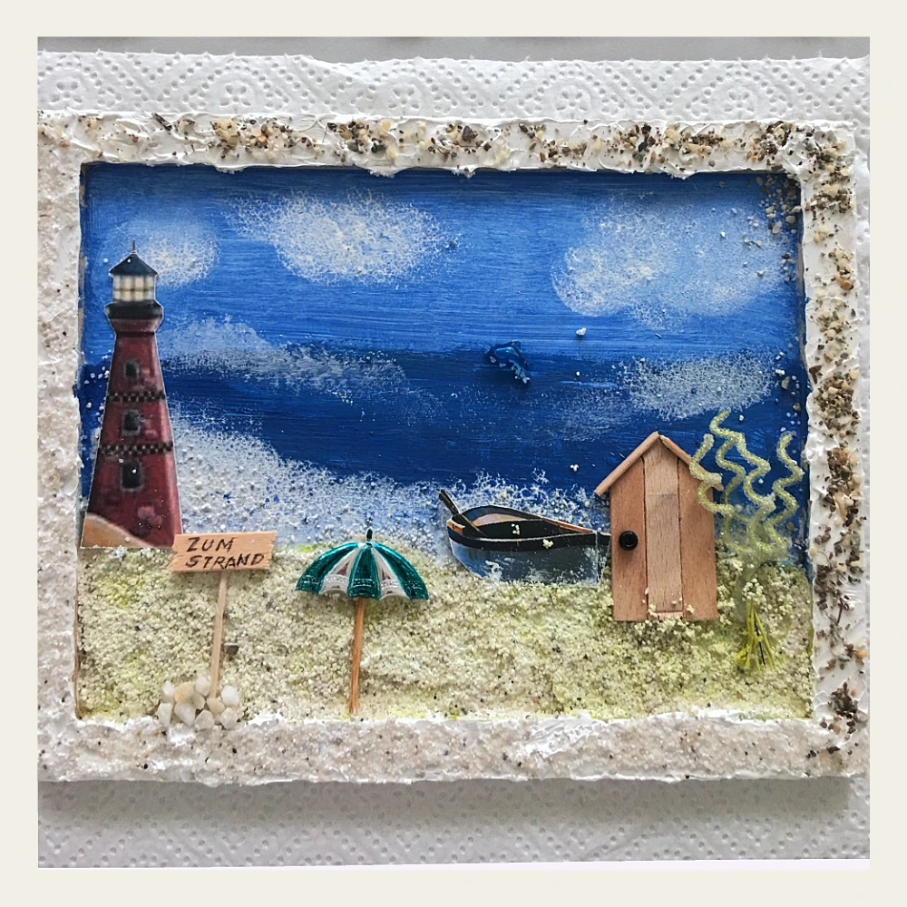 3D-Bild mit Acrylfarbe, Sand, Muscheln und Steinen