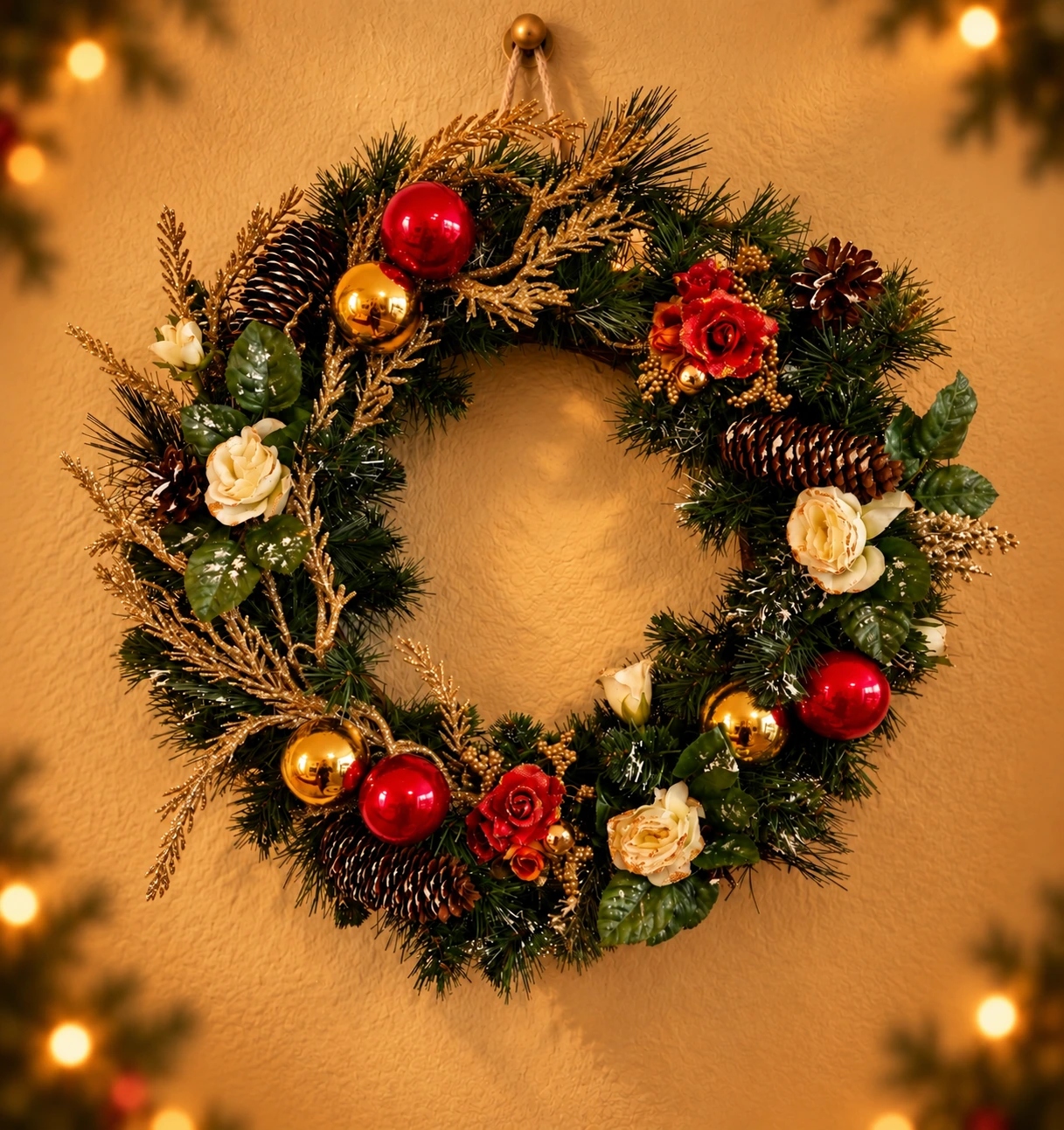 Festlicher Weihnachtskranz mit Tannengrün, roten Weihnachtskugeln und dekorativen Naturmaterialien