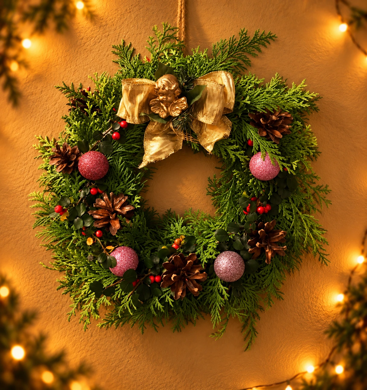 Selbst gestalteter Weihnachtskranz mit Tannenzweigen, bunten Kugeln und weihnachtlichen Verzierungen