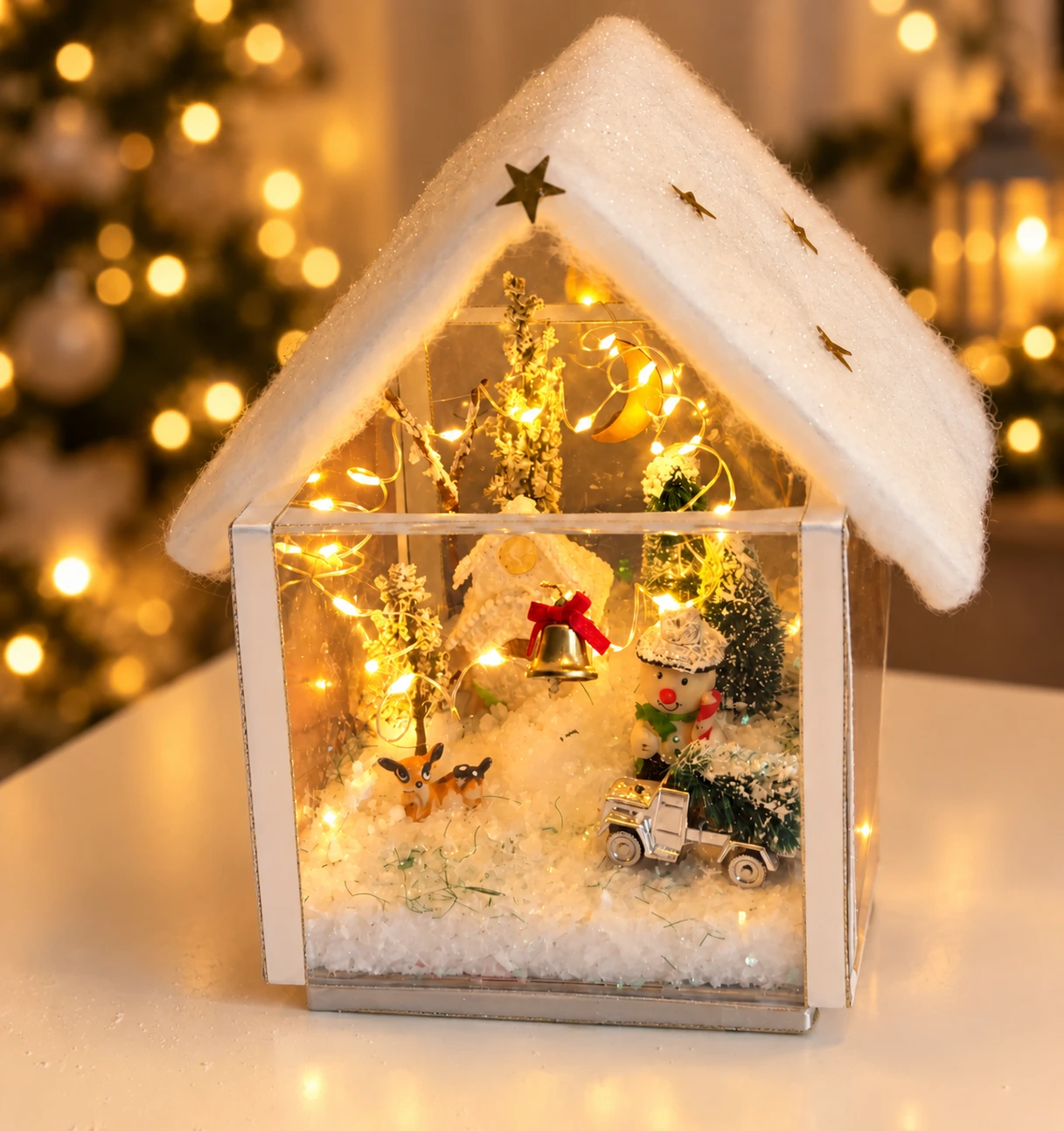 Beleuchtetes Winterhäuschen mit Miniaturfiguren, Kunstschnee und weihnachtlicher Dekoration