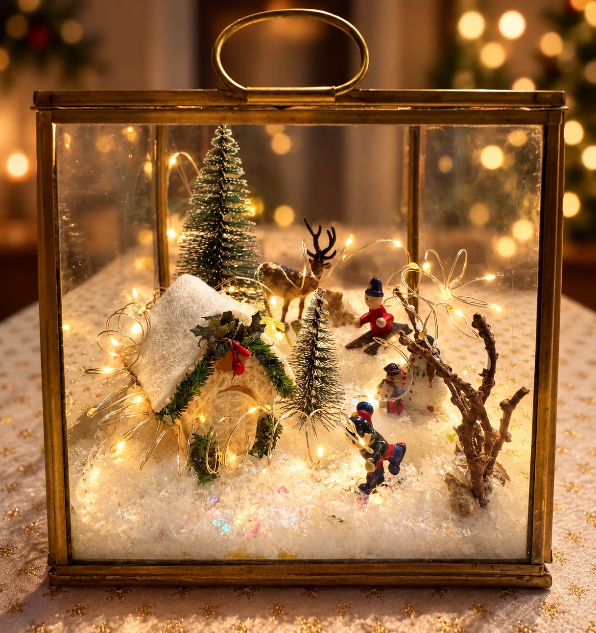 Weihnachtliche Miniaturwelt in einer Glaslaterne mit Winterlandschaft, Figuren und stimmungsvoller Beleuchtung